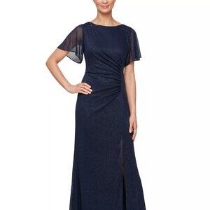SL Fashions Women's Round-Neck Flutter-Sleeve Gown Navy Size 10